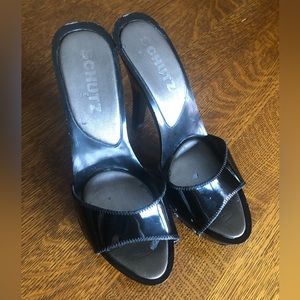 Schutz open toe 5” heels, 1” platform patten leather, size 8
